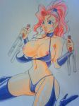 artist_request bikini blush breasts cameltoe capcom captain_commando carol high_res highres huge_breasts nipples swimsuit traditional_media wardrobe_malfunction weapon