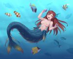 1girl 1girl 1girl blush breasts cristalavi fins head_fins long_hair looking_at_viewer mermaid nipples nude ocean open_mouth original red_eyes red_hair smile underwater water wink