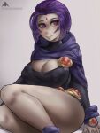 alamanderarts boob_window cleavage dc_comics grey_body grey_skin legs purple_clothing purple_hair raven_(dc) smile superheroine teen_titans