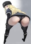 1girl ass back bent_over black_gloves black_legwear black_panties blonde_hair blue_eyes boots cameltoe capcom female_only fur_trim gloves hat huge_ass johan_(johan13) kolin long_hair looking_at_viewer looking_back panties stockings street_fighter street_fighter_v underwear ushanka