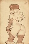 1girl ass bbc-chan bimbo breasts cleavage dat_ass female_only kolin looking_at_viewer looking_back monochrome stockings street_fighter