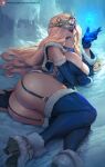 1girl ass big_breasts blonde_hair blue_eyes breasts cleavage cutesexyrobutts dat_ass female_only garter_belt kolin long_hair looking_at_viewer looking_back stockings street_fighter street_fighter_v