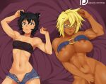  1girl 2_girls abs areola bleach breasts crossover dark-skinned_female dark_skin female_only huge_breasts kali_belladonna looking_at_viewer milf muscle muscular muscular_female nipples rwby tia_harribel ttrop 