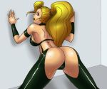  1girl against_wall armband armpits ass bare_back big_breasts black_legwear blonde_hair bra breasts brenda capcom captain_commando deadmoon deadmoon_(kein2002) hips latex legs open_mouth shiny sideboob solo spread_legs teeth thong tongue underwear wide_hips worried wristband 