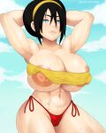 1girl abs aged_up alternate_breast_size areola armpits arms_up ass avatar:_the_last_airbender barefoot belly big_ass big_breasts big_nipples bikini black_hair blind blue_eyes breasts bursting_breasts cleavage earth_kingdom erect_nipples erect_nipples_under_clothes eye_contact female_only grin hair hairband half-closed_eyes hands_behind_head hourglass_figure huge_ass huge_breasts human large_areola large_areolae large_ass looking_at_viewer midriff muscular muscular_female navel nickelodeon nipple_slip nipples pose short_hair smile text thick_thighs toph_bei_fong ttrop under_boob url watermark wet wide_hips