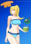 belly big_breasts blonde_hair blue_eyes bluebullpen breasts coconut drink hair metroid metroid_(creature) midriff navel samus_aran solo