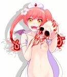 /pol/ 1girl 4chan artist_request bangs blood blood_on_breasts blood_on_face bloody_hands borrowed_character breasts censored collarbone derivative_work ebola ebola-chan fangs female flower gore hair_flower hair_ornament hat highres jpeg_artifacts looking_at_viewer nipples nurse nurse_cap open_clothes open_mouth original out-of-frame_censoring personification pink_hair shadow sidelocks simple_background skull small_breasts smile solo twintails white_background yandere yellow_eyes