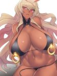  1girl ban bikini blonde_hair breasts dark_skin huge_breasts itou_ittousai_(sengoku_bushouki_muramasa) long_hair navel nipple_penetration nipple_piercing nipple_plug piercing sengoku_bushouki_muramasa simple_background solo swimsuit untied untied_bikini white_background 