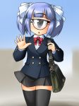 bag blue_hair cyclops female glasses gradient gradient_background hair_ribbon ikune_juugo no_nose one-eyed open_mouth original outdoors ribbon saiku-san school_uniform short_hair sky solo stockings thighhighs waving zettai_ryouiki