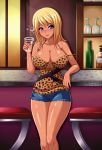  1girl bar bare_shoulders big_breasts blonde_hair blue_eyes breasts cleavage collarbone denim denim_shorts drunk ganguro hunie_pop jessie_maye leopard_print long_hair milf shorts sigurdhosenfeld slender_waist smile solo spaghetti_strap strap_slip 