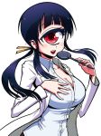  1girl big_breasts black_hair breasts cleavage cyclops hand_on_own_chest hitomi_(hitomi_sensei_no_hokenshitsu) hitomi_sensei_no_hokenshitsu labcoat large_breasts long_hair long_sleeves looking_at_viewer manaka_hitomi official_art one-eyed payot ponytail red_eyes school_nurse shake-o sidelocks simple_background solo white_background 