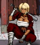  1girl abs baseball_bat big_breasts blonde_hair breasts budget_sarashi cleavage dark_skin ear_piercing earrings ganguro hair high_res highres jewelry large_breasts mumumu_(gurudebaruden) open_clothes original over_shoulder piercing sarashi short_hair solo squatting sukeban text track_suit translation_request weapon weapon_over_shoulder wrist_wraps yellow_eyes 