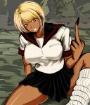 1girl big_breasts black_nails blonde_hair breasts dark_skin ear_piercing earrings fingernails ganguro grin high_res highres jewelry kogal large_breasts long_fingernails middle_finger mumumu_(gurudebaruden) nail_polish original piercing school_uniform serafuku short_hair sitting skirt smile solo spread_legs yellow_eyes