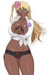 1girl belly_piercing blonde_hair blue_eyes breasts cleavage curvy dark_skin female_only flower ganguro hips huge_breasts jewelry lip_van_winkle lipstick long_hair looking_at_viewer makeup midriff momoe_maria navel navel_piercing necklace no_bra ookiku_furikabutte panties piercing pink_panties short_shorts shorts side_ponytail simple_background slender_waist smile solo solo_female tattoo thick_thighs thighs thong underwear white_background wide_hips