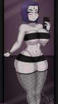 1girl 1girl 1girl big_breasts blush breasts choker dc_comics drunkavocado female_focus female_only fishnet_stockings goth half-closed_eyes huge_breasts miniskirt phone purple_eyes purple_hair raven_(dc) selfpic short_hair skirt standing teen_titans thick_thighs thong voluptuous wide_hips