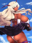  1girl ass bare_shoulders blonde_hair breasts bridal_gauntlets dark_skin fur_coat hijiri huge_breasts itou_ittousai_(sengoku_bushouki_muramasa) lips long_hair looking_at_viewer looking_back red_eyes sengoku_bushouki_muramasa sideboob smile solo thighs 