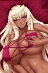  1girl bikini blonde_hair blush breast_lift breast_squeeze breasts bust cleavage collarbone dark_skin high_res highres huge_breasts itou_ittousai_(sengoku_bushouki_muramasa) long_hair looking_at_viewer micro_bikini parted_lips pink_bikini pink_eyes sengoku_bushouki_muramasa shiny shiny_skin shuugetsu_karasu solo swimsuit upper_body very_long_hair 