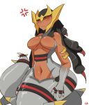 0lightsource 1girl :< anger_vein anthro anthrofied belly big_breasts black_sclera blush breasts dark_skin giratina hair headpiece highres lamia large_breasts long_hair monster_girl navel pokemon red_eyes solo white_background