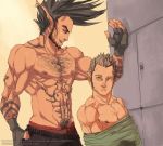  2boys bara black_hair brown_eyes buddhathegod chest_hair earring gay gloves green_eyes grey_hair hotcha human locker male male_only multiple_boys muscle partially_clothed pointed_ears tattoo underwear yaoi 