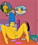 blue_hair breasts closed_eyes erect_nipples fantasizing fingering marge_simpson masturbation ned_flanders nude sex_toys shaved_pussy spread_legs squirting the_simpsons thighs yellow_skin