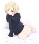  anus ass barefoot bed blonde_hair blush bottomless covering_mouth earrings feet female from_behind gradient gradient_background hair hair_over_one_eye hood hoodie idolmaster idolmaster_cinderella_girls jewelry looking_at_viewer looking_back mitsu-kazu mitsukazu_(nijigen_complex) naked_hoodie open_mouth pussy pussy_juice red_eyes shirasaka_koume short_hair sitting sleeves_past_wrists solo 