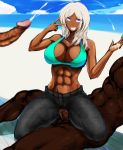  1girl abs beach big_breasts bikini_top blue_eyes breasts censored cleavage clothed_female_nude_male comic crotch_cutout cum cum_in_hands dark-skinned_male dark_skin denim ear_piercing earrings ejaculation fingernails fucked_silly ganguro grin high_res highres jeans jewelry kneel kneeling large_breasts lipstick long_fingernails long_hair makeup midriff mosaic_censoring mumumu_(gurudebaruden) nail_polish navel navel_piercing nude original pants penis piercing pubic_hair pussy rolling_eyes sex silver_hair smile solo torogao v_over_eye vaginal very_dark_skin 