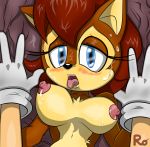  2014 anthro areola big_breasts blue_eyes blush boy_on_top breasts chipmunk erect_nipples female furry hair looking_at_viewer mammal nipples nude raianonzika_(artist) red_hair rodent sally_acorn sega sonic_(series) sonic_the_hedgehog sweat zerbukii_(artist) 