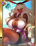  1girl arm_support artist_request beach big_breasts blonde_hair breasts cleavage crop_top cutoffs dark_skin food fruit hairband itou_ittousai_(sengoku_bushouki_muramasa) jpeg_artifacts large_breasts legs_crossed long_hair official_art pink_eyes ribbon rope sengoku_bushouki_muramasa sitting sky sling_bikini solo swimsuit water watermelon 