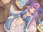 1girl big_breasts breasts cleavage dutch_angle gloves horn_ribbon horns huge_breasts jajala lamia large_breasts long_hair monster_girl navel original pointy_ears purple_hair pussy red_eyes ribbon scales solo very_long_hair white_gloves