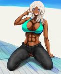  1girl abs beach big_breasts bikini_top blue_eyes breasts censored crotch_cutout dark_skin denim ear_piercing earrings female_only fingernails grin high_res highres jeans jewelry kneel lipstick long_fingernails long_hair makeup midriff mumumu_(gurudebaruden) nail_polish navel navel_piercing original pants piercing pubic_hair pussy silver_hair smile solo solo_female v v_over_eye very_dark_skin 