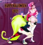  2_girls big_ass boots closed_eyes demencia_(villainous) eating_ass halloween hand_on_butt handjob legs long_hair looking_back miss_heed_(villainous) panties pink_hair pyramid_(artist) villainous yuri 