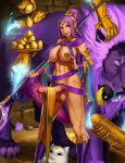 aka6 big_breasts dickgirl durga_(p&d) eggs futanari gauntlets large_penis lion looking_at_viewer nipple_ring nude nude_female pasties purple_eyes purple_hair puzzle_&_dragons wraps