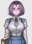 1girl 1girl big_breasts big_breasts bow_tie bra breasts dc_comics dc_comics female_focus female_only hourglass_figure kelvin_hiu purple_hair raven_(dc) school_uniform schoolgirl see-through see-through_clothing see-through_top skirt standing suspenders teen_titans tie wide_hips