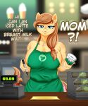 1girl 2021 69_(number) accessory anthro apron apron_only bedroom_eyes big_breasts blue_eyes blurred_background breasts brown_hair cash_register chest_tuft clothing container cream_heart_(mlp) cup dialogue earth_pony english_text equid equine eyebrow_through_hair eyebrows eyelashes fan_character food fur furry green_apron hair hair_accessory hair_tie high_res holding_object horse inner_ear_fluff long_hair looking_at_viewer mammal mature_female morestar mostly_nude muffin my_little_pony naked_apron narrowed_eyes pen pony seductive starbucks_breastmilk_meme tan_body tan_fur text translucent translucent_hair tuft