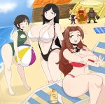 3_girls 3boys aerith_gainsborough beach beach_ball bikini breasts cleavage cloud_strife dark-skinned_male dark_skin final_fantasy final_fantasy_vii fire huge_breasts jinu long_hair multiple_boys multiple_girls ocean one_eye_closed short_hair square_enix swimsuit tifa_lockhart tongue tongue_out vincent_valentine yuffie_kisaragi