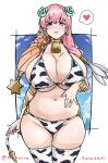 1girl 1girl 1girl alternate_costume animal_print artist_name bell bikini blonde_hair blue_flower blue_rose blush breasts cleavage commentary_request commission cow_print cow_tail earrings fake_tail female_only fire_emblem fire_emblem_heroes flower gradient_hair gunnthra_(fire_emblem) hair_flower hair_ornament heart high_res huge_breasts jewelry looking_at_viewer momoiro_tunozemi multicolored_hair navel neck_bell nintendo pink_hair rose skeb_commission stockings stomach swimsuit tail thighs twitter_username two-tone_hair under_boob