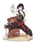 1girl bandai_namco bear black_hair donutshole13 electricity fighting_stance heihachi_mishima_(cosplay) kuma multicolored_hair namco namco_bandai purple_eyes purple_hair reina reina_(tekken) reina_mishima smile source_request tagme tekken tekken_8 two-tone_hair