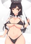 1girl animal_ears ass_visible_through_thighs atago_(azur_lane) azur_lane bangs bikini black_bikini black_hair blush breasts brown_eyes dog_ears groin heart-shaped_pupils highleg highleg_swimsuit huge_breasts kuavera long_hair long_sleeves looking_at_viewer midriff mole mole_under_eye navel race_queen ribbon shrug_(clothing) simple_background skindentation smile swept_bangs swimsuit symbol-shaped_pupils thigh_gap thighs umbrella white_background white_ribbon wide_hips wrist_cuffs