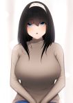 1girl bangs black_hair blue_eyes blush breasts grey_sweater hair_between_eyes hairband idolmaster jeans large_breasts long_hair long_sleeves looking_at_viewer open_mouth ribbed_sweater sagisawa_fumika sitting sweater turtleneck turtleneck_sweater