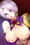  1girl areola armor breasts earrings elbow_gloves flower gloves green_eyes isabella_valentine jewelry large_breasts lipstick makeup nipples red_rose revealing_clothes short_hair silver_hair soul_calibur soulcalibur_iv takamoto_akisa topless 