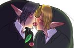 2_boys art artist_request blush cherry closed_eyes dark_link dark_persona dual_persona earrings food fruit hat kissing link male multiple_boys nintendo ocarina_of_time open_mouth pointy_ears saliva shared_food tagme the_legend_of_zelda tongue yaoi