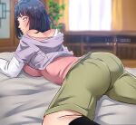 1girl alternate_ass_size artist_name ass bare_shoulders big_ass big_breasts blunt_bangs blush boots boruto:_naruto_next_generations butt_crack clothed clothed_female clothing disheveled female_focus female_only footwear fully_clothed high_res high_resolution hime_cut hinata_hyuuga huge_ass indoors keisuke_aero light-skinned_female light_skin looking_at_viewer looking_back lying lying_on_stomach mature mature_female messy messy_hair milf naruto naruto_(series) on_bed on_stomach pinup purple_hair shiny_hair shiny_skin shirt short_hair shorts skindentation solo_female solo_focus sweater thick_thighs url violet_eyes watermark web_address