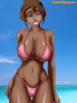 1girl alternate_skin_color blackwashed blue_eyes breasts brown_hair cartoonvalley.com clavicle cloud dark-skinned_female disney erect_nipples_under_bikini facing_viewer female_abs female_focus female_only from_the_hips_up helg_(artist) hips jane_porter lips lipstick navel pink_bikini pokies purple_eyeshadow sea sky smile solo tarzan updo watermark web_address web_address_without_path