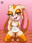  1girl 1girl absurd_res anthro bed bed_sheet bedding bra breasts brown_eyes clothing cream_the_rabbit eyeshadow fur furniture high_res lagomorph leg_markings legwear leporid looking_at_viewer makeup mammal markings narrowed_eyes open_mouth panties pinup pose rabbit sega sirjzau small_breasts socks_(marking) sonic_the_hedgehog_(series) spread_legs spreading stockings tan_body tan_fur tongue tongue_out underwear 