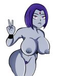 1girl 1girl big_breasts goth grey_skin moderngero56 nipples nude nude_female purple_hair pussy_hair raven_(dc) teen_titans