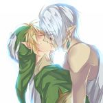  2_boys 2boys arm art artist_request bare_shoulders blonde blonde_hair closed_eyes dark_skin earrings ghirahim gloves green_hat hair hair_over_one_eye hat headgear hug hugging jewelry kiss kissing link love male multiple_boys neck nintendo pointy_ears saliva short_hair skyward_sword sweat the_legend_of_zelda upper_body white_gloves white_hair yaoi 