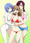 3girls arms asuka_langley_souryuu babe bare_legs bare_shoulders bikini bikini_top blue_eyes blue_hair breasts brown_hair cleavage collarbone denim denim_shorts evangelion:_2.0_you_can_(not)_advance female glasses group_hug hair_between_eyes hair_ornament hairband half-closed_eyes halterneck hugging legs long_hair looking_at_viewer low_twintails makinami_mari_illustrious midriff multiple_girls naughty_face navel neck neon_genesis_evangelion one-piece_swimsuit open_mouth pink_bikini purple_hair rebuild_of_evangelion red_bikini red_eyes red_swimsuit rei_ayanami sage_joh serious short_hair short_shorts shorts smile standing striped striped_background swimsuit white_swimsuit yuri