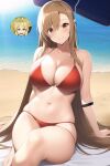  1girl alluring asuna_(sao) auburn_hair beach big_breasts bikini brown_hair cleavage nightcore_(artist) ocean rick_dot sea sword_art_online under_umbrella 