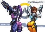  2_girls 2girls ass big_ass breasts brown_eyes brown_hair character_name clothes darkereve darwin_nunez dat_ass dual_wielding earrings female female_only freckles gun handgun happy head_mounted_display highres hips jewelry lips long_hair looking_at_viewer multiple_girls overwatch pants pistol ponytail pout purple_hair purple_skin rifle short_hair smile sniper_rifle thighs tracer_(overwatch) visor weapon wide_hips widowmaker widowmaker_(overwatch) 