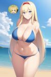  1girl alice_schuberg alluring beach big_breasts bikini blonde_hair blue_eyes cleavage nightcore_(artist) ocean rick_dot sea sword_art_online 